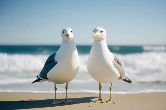 Two seagulls standing on sandy beach under clear blue sky beside gentle ocean waves
