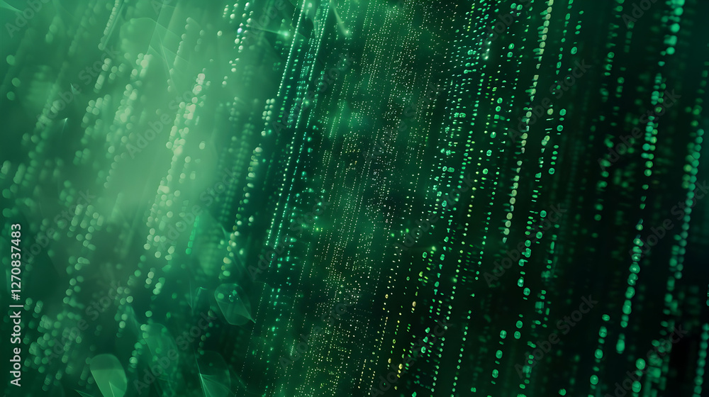 Poster abstract digital background with green binary code cascading in a futuristic environment