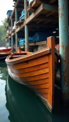 Obraz premium Wooden boat leaning against a metal pipe on the storage rack, dock, moored, boat leaning