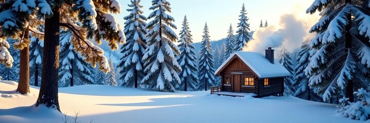 Winter forest with a small wooden cabin and a smoke rising from the chimney, snow, trees