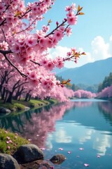 Blooming cherry blossoms against the lake's calm waters, blossoms, blooming