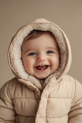 Happy infant dressed in warm beige outerwear, showing baby teeth.
