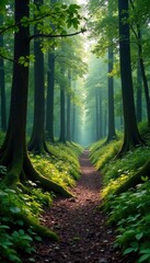 Fototapeta premium Empty forest path with fallen trees and overgrown vegetation, decay, wild, moss