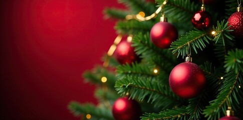 Obraz premium Evergreen tree with red ornaments and gold garland, red, holiday cheer