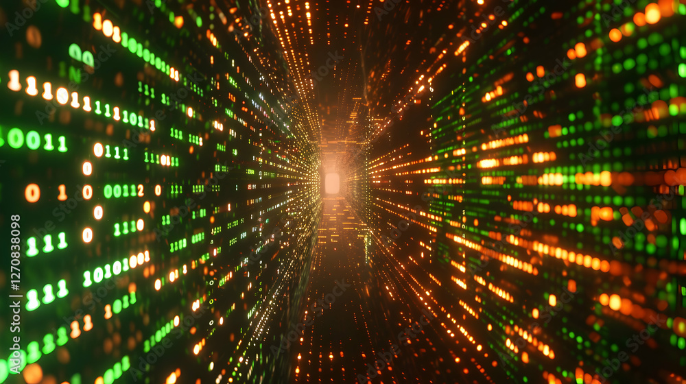 Poster abstract digital tunnel with glowing binary code, representing data flow and technology