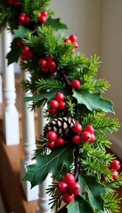 Red and green berries woven into a pinecone garland draped over a banister railing, festive, foliage, nature
