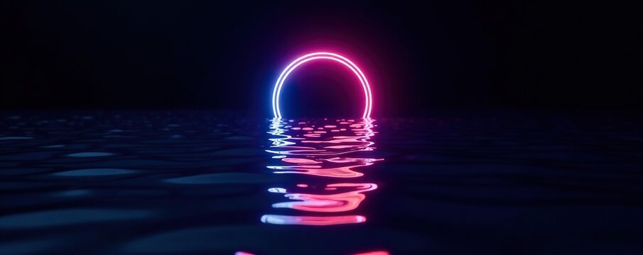 Ripples on dark waters with a glowing blue semi circle and red ellipse, black background, light painting