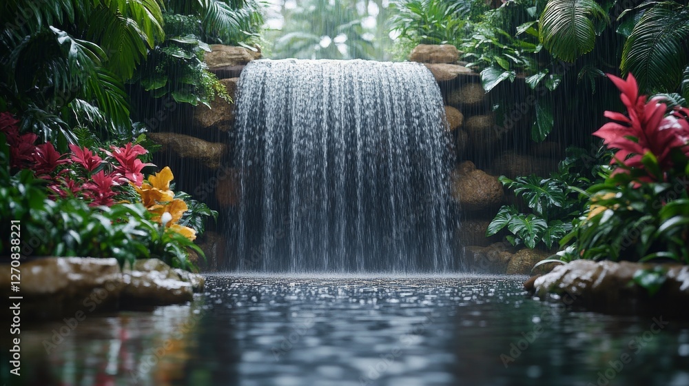 Poster serene waterfall cascading into a tranquil pool surrounded by lush greenery in a tropical setting