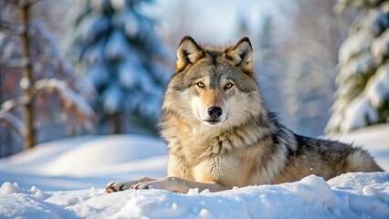 Obraz premium Gray wolf (Canis lupus) lays in the fresh fallen snow of the International Wolf Center in Ely, northern Minnesota, USA; Ely, Minnesota, United States of America