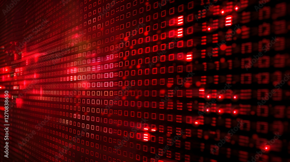Poster abstract digital background with glowing binary code and red light effects, symbolizing technology