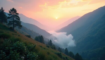 Ethereal white mist rising from a mystical valley during dawn, dawn, ethereal