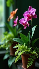 Exotic orchids and ferns thrive on vertical planters, jungle plants, houseplants