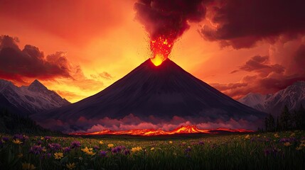 Volcanic landscapes concept. Majestic volcano erupting under a vibrant sunset, surrounded by lush greenery and mountains.