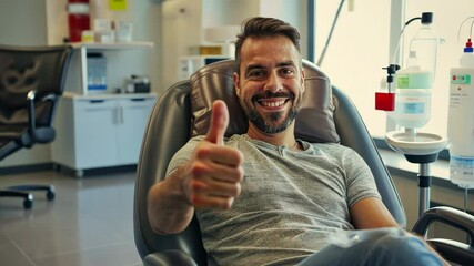 Man in donor chair confidently gives a thumbs-up, looking into the camera with a smile. World Blood Donor Day