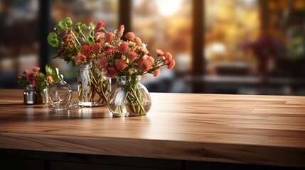 Empty Beautiful wood table top and blur bokeh modern kitchen interior background  ramzan background  HD 8K wallpaper Photographic Image