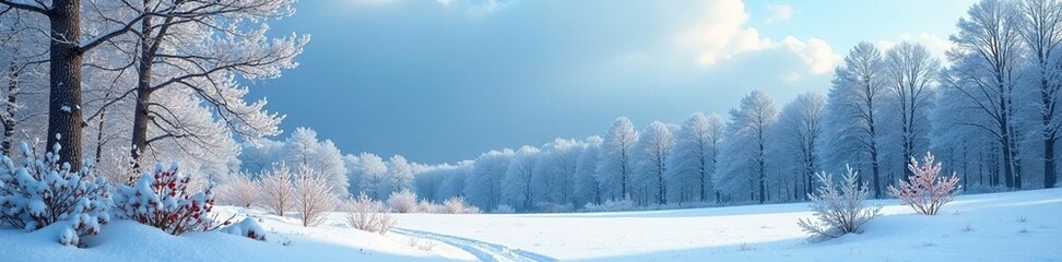 Winter scene with bare trees and a few spruce branches with berries against a blue sky, forest, frost