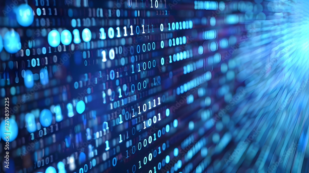 Poster abstract representation of binary data flowing in a digital environment with light effects