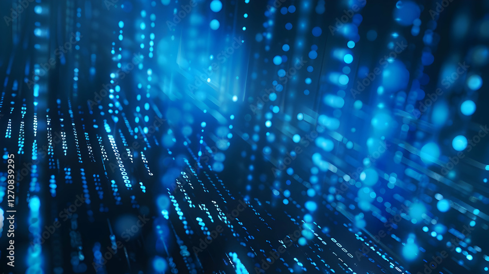 Poster abstract digital background with glowing blue particles and lines representing data flow and technol