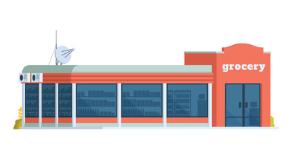 Grocery Store Building Vector Illustration. Shop & Market in Flat Style, Fully Editable Elements