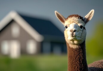 Obraz premium Close-Up of a Calm and Curious Alpaca in a Lush Green Landscape with a House in the Background