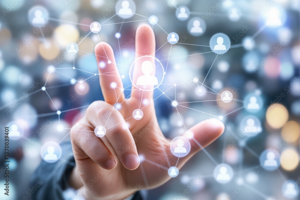 Poster businessman interacting with digital social network interface on abstract light background.