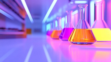 Colorful laboratory glassware filled with vibrant liquids, illuminated by neon light in a modern lab