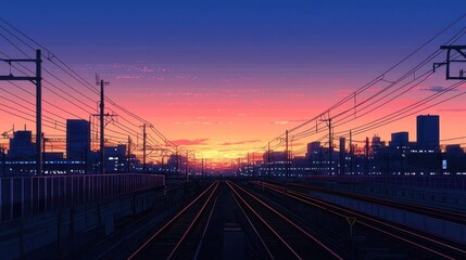 Obraz premium Pink and Orange City Sunset Over Train Tracks