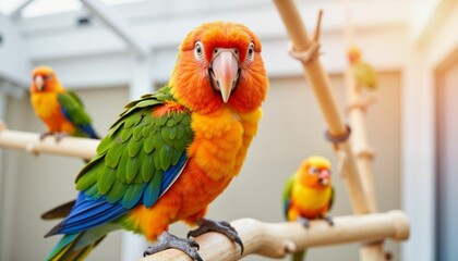 Fototapeta premium Vibrant parrot displaying lively expression in indoor aviary, colorful surroundings