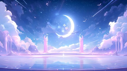 Dreamlike Pastel Sky Crescent Moon Fantasy Columns Cloudscape Artwork