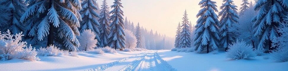 Fototapeta premium Icy forest with frosty trees and snow-covered ground, frost, snow, snowy landscape