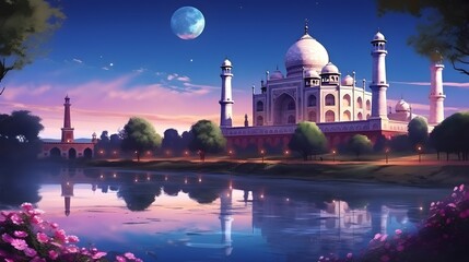 Obraz premium Serene Evening at the Taj Mahal Majestic Reflection in Calm Waters Full Moon