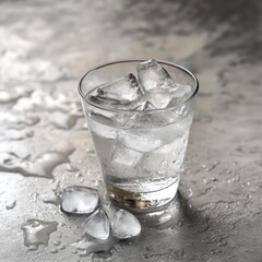 A water glass with ice cubes on a textured surface captured with minimalistic framing