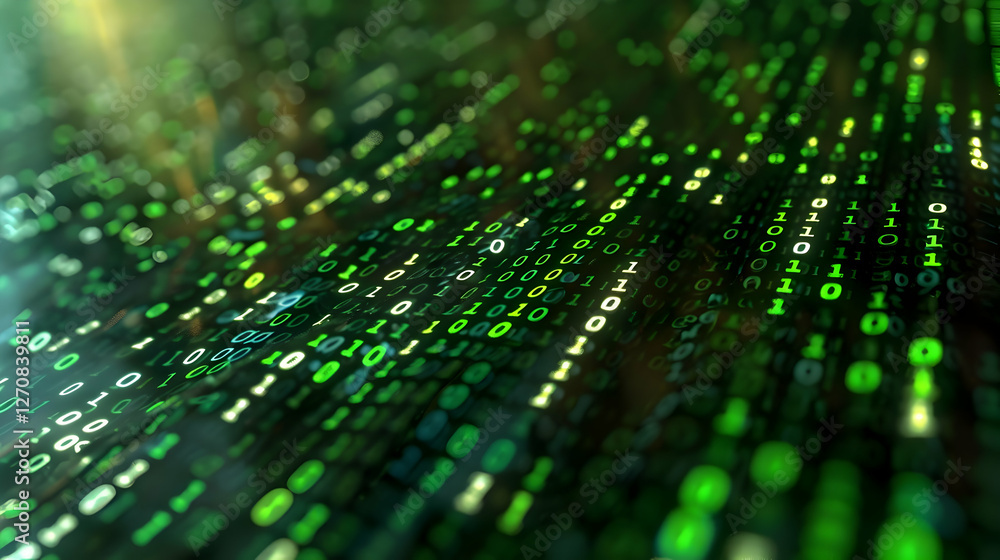 Poster abstract digital background of green binary code cascading in a futuristic environment (1)