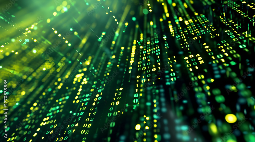 Poster abstract representation of digital data flow with binary code in green hues and light effects