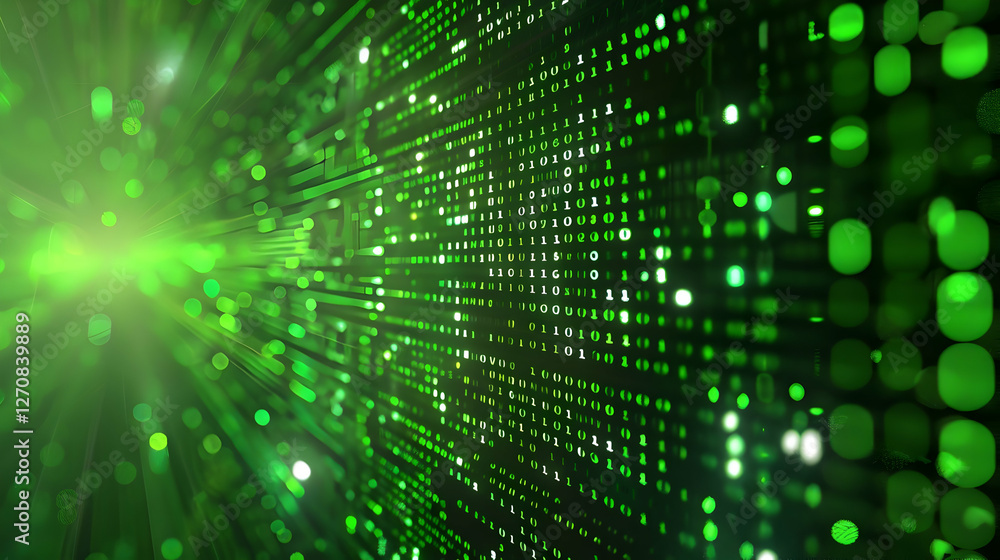 Poster abstract digital background featuring green binary code streams and glowing particles in motion