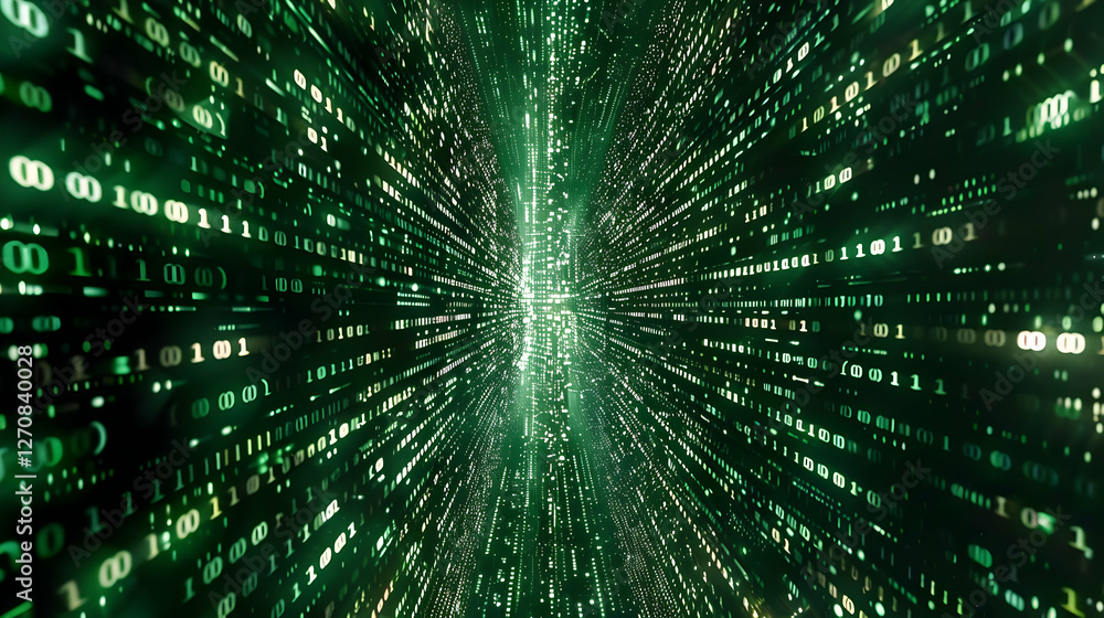 Poster abstract representation of digital data flow, showcasing binary code in a futuristic environment