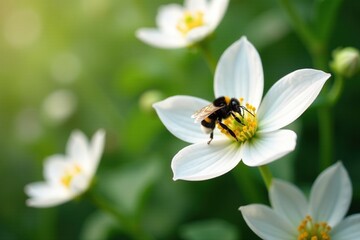 Obraz premium White broad bean flowers with a solitary bumble bee, pollination, greenery
