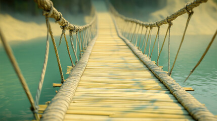 Fototapeta premium A handmade bamboo bridge with uneven slats and tightly woven rope railings, suspended above a peaceful, glass-like water surface