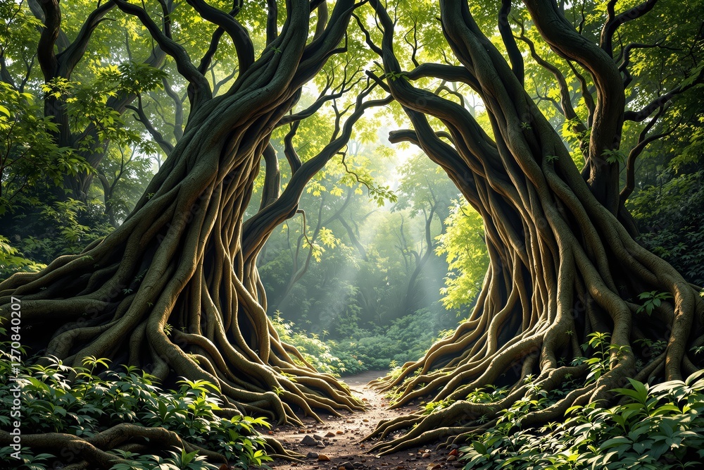 Poster enchanting forest scene with intertwined tree roots and sunlight filtering through lush green leaves