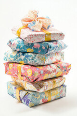 Pile of wrapped gifts with colorful paper and bows, isolated on a white background
