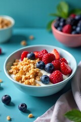 Bowl of homemade granola yogurt and berries on a blue table, snackTime, yogurtParfait