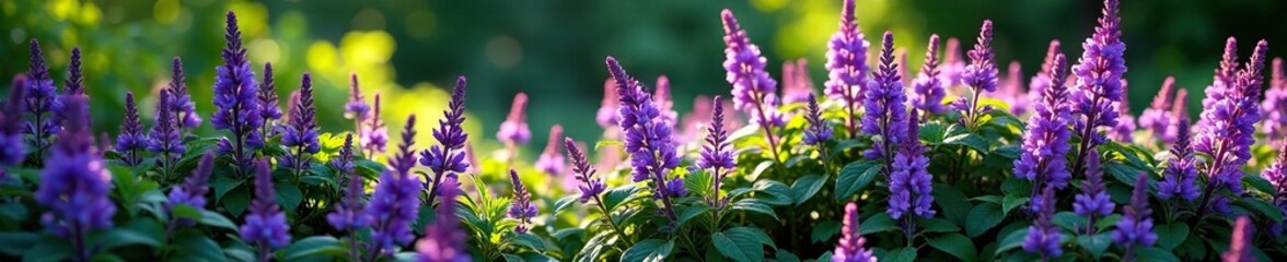 Obraz premium Dense foliage of purple flowers around a small shrub, garden, flowers, foliage