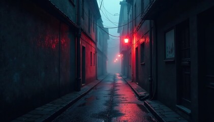 Fototapeta premium Dark alleyway with a hint of fog and mysterious smoke, winding, hidden