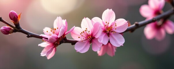 Delicate pink flowers on a thin branch in spring, branch, tree, blossoming