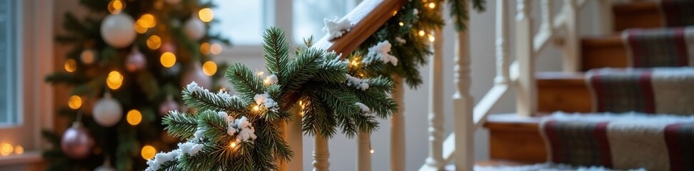 Obraz premium Snowy garland wrapped around wooden handrail of staircase, winter decor, staircase rail