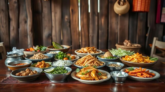 Traditional khantoke dinner set with various Thai dishes served on a low table, culture, background, food