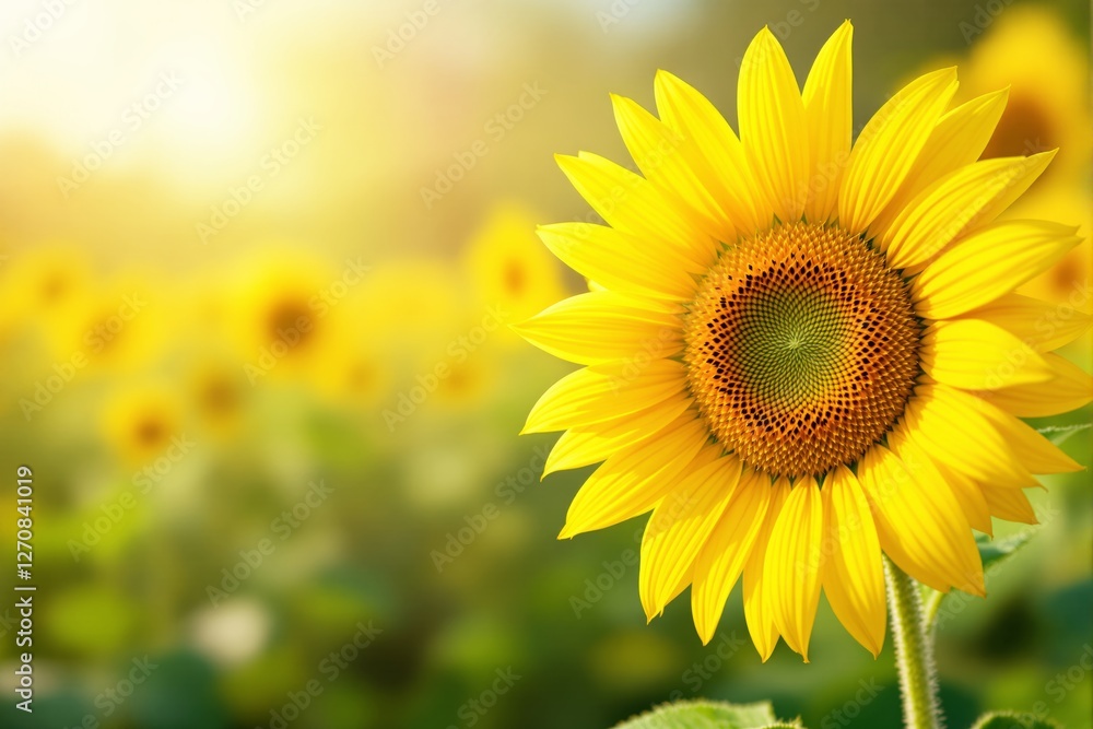 Poster close-up of a vibrant sunflower against a blurred background and soft sunlight.