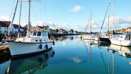 Obraz premium Boats moored in Stranraer Marina with reflections, boats, docked