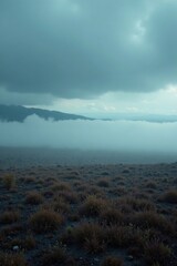 dense fog rolling in over a desolate landscape, dark clouds, bleak horizon, eerie stillness