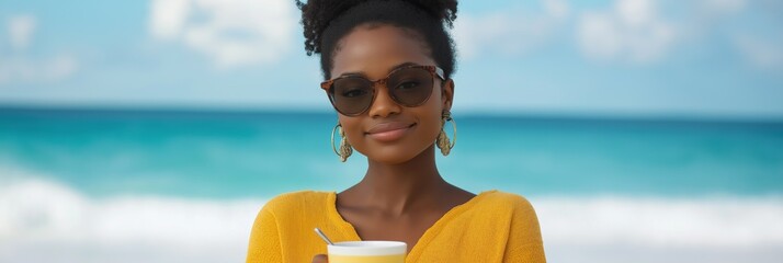 A woman wearing sunglasses and a yellow sweater is sitting on the beach with a cup in her hand